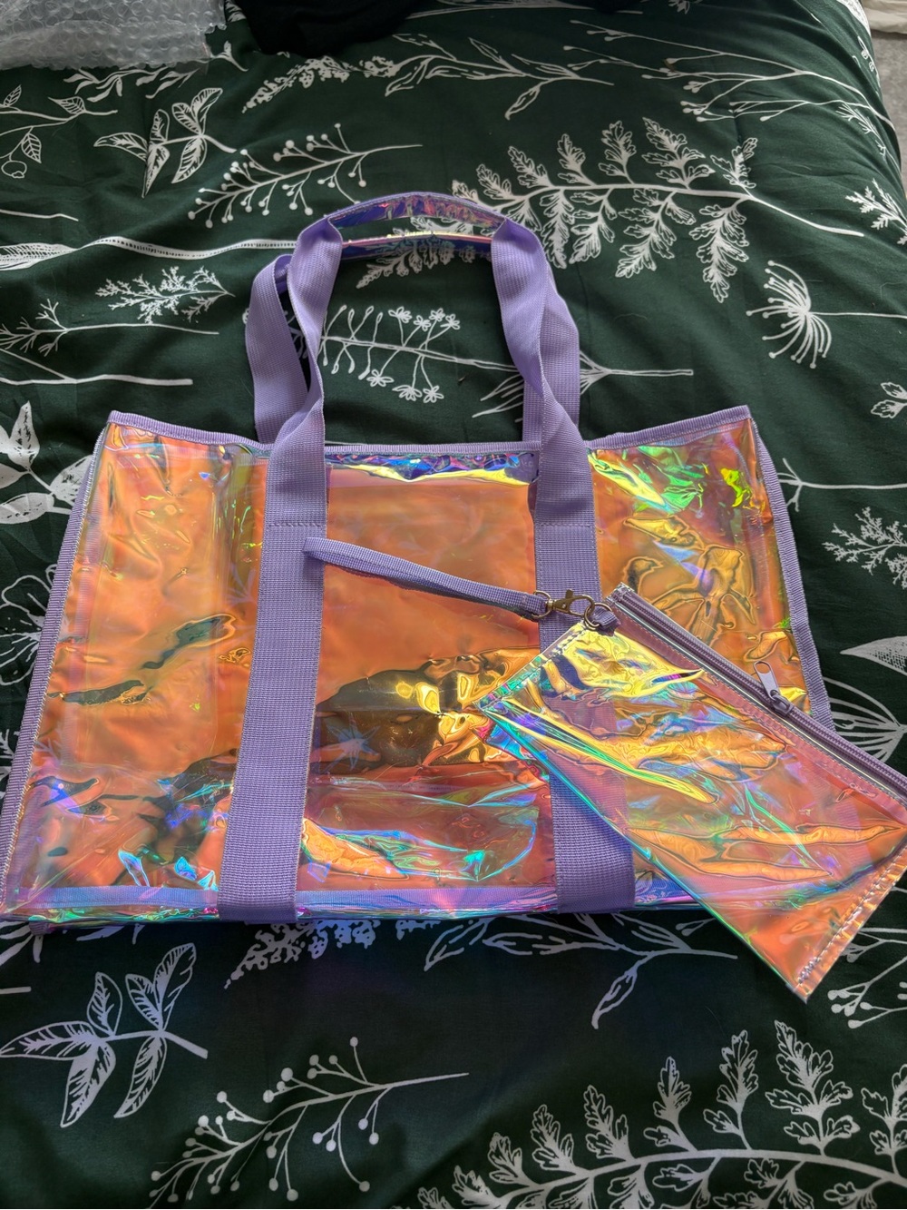 Iridescent Lavender Trim Clear Plastic Beach Bag with Pouch